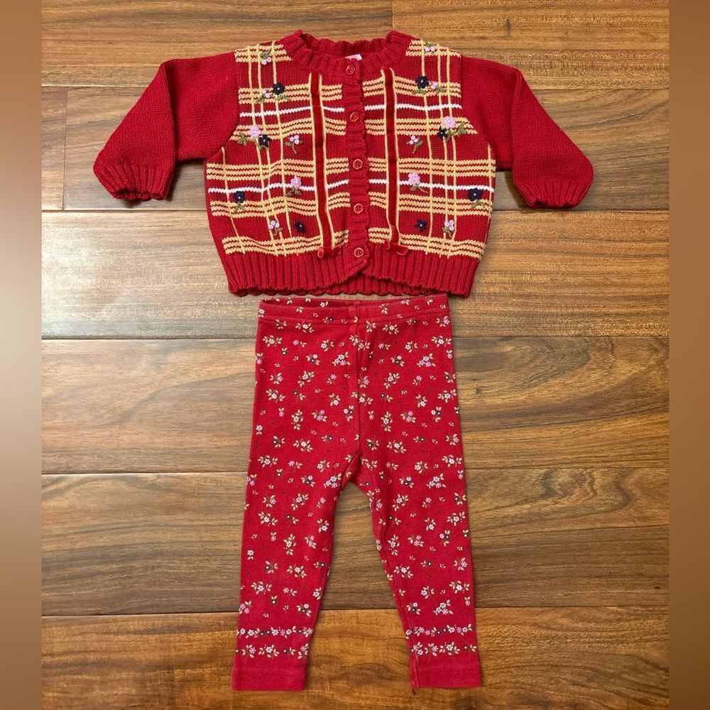 Gymboree vintage y2k 2001 red floral cardigan sweater and leggings set